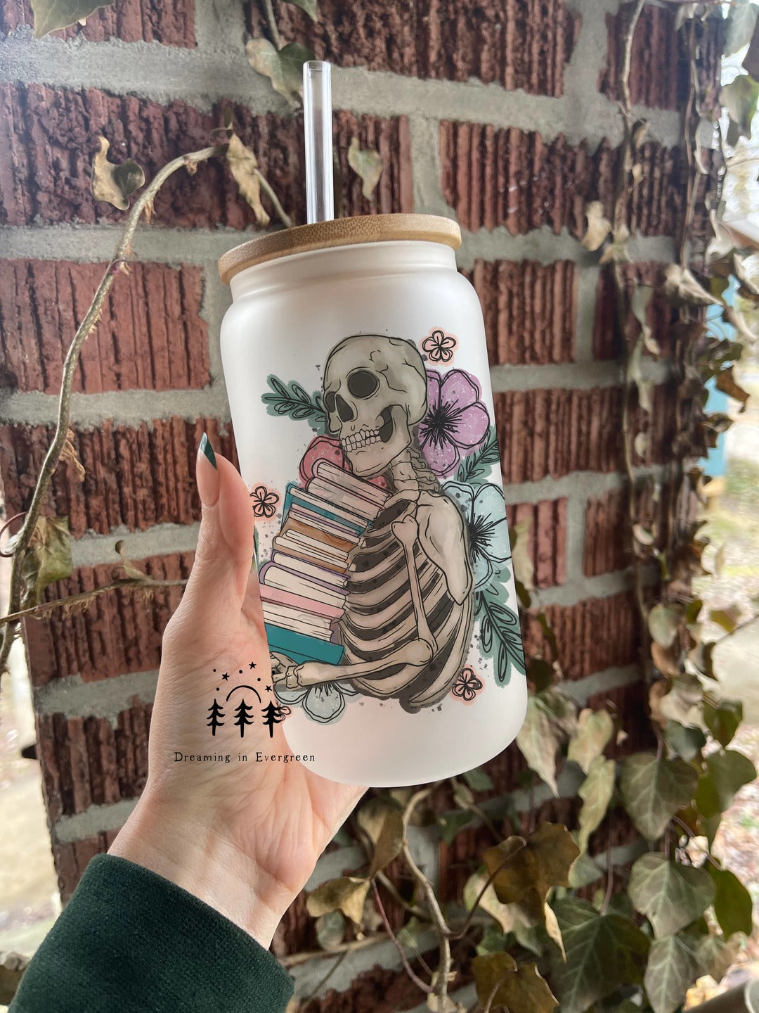 Drinkware - Skeleton Book Reader Frosted Glass Can