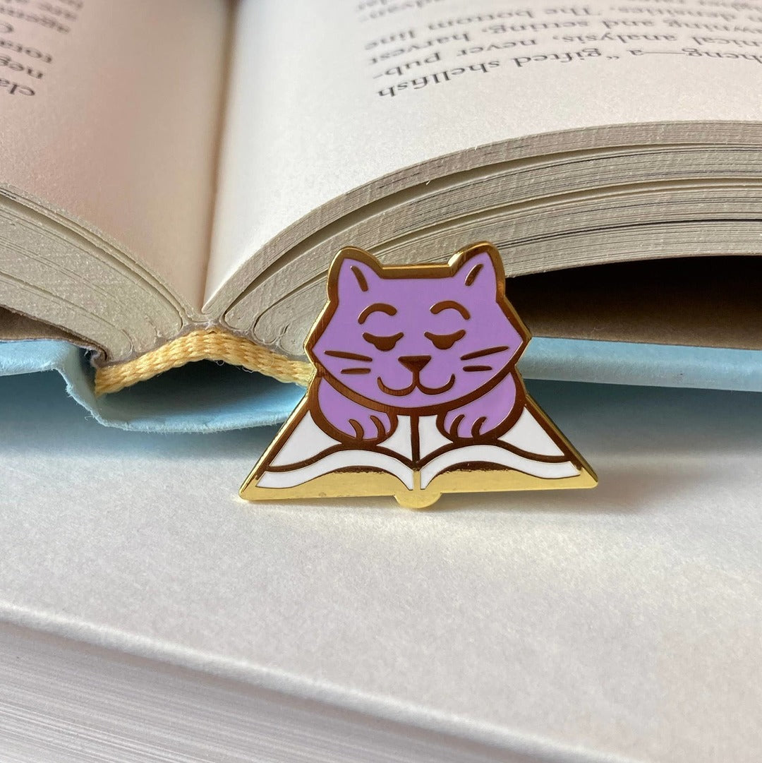 Enamel Pin - Book Cat (Gold Metal/Lavender)
